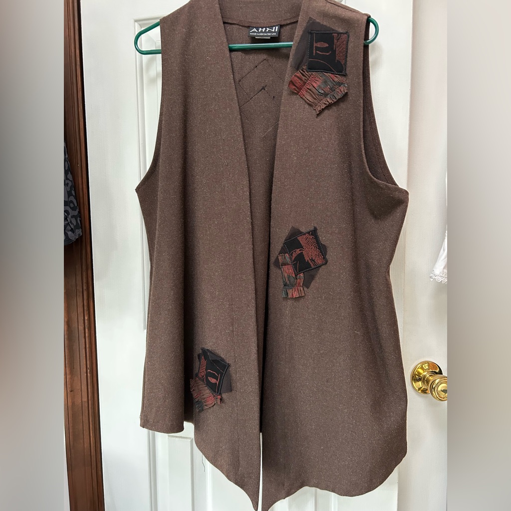 Ahni Vintage Textured Open Vest Jacket Tunicall Wool, Handmade In Usa Abstract